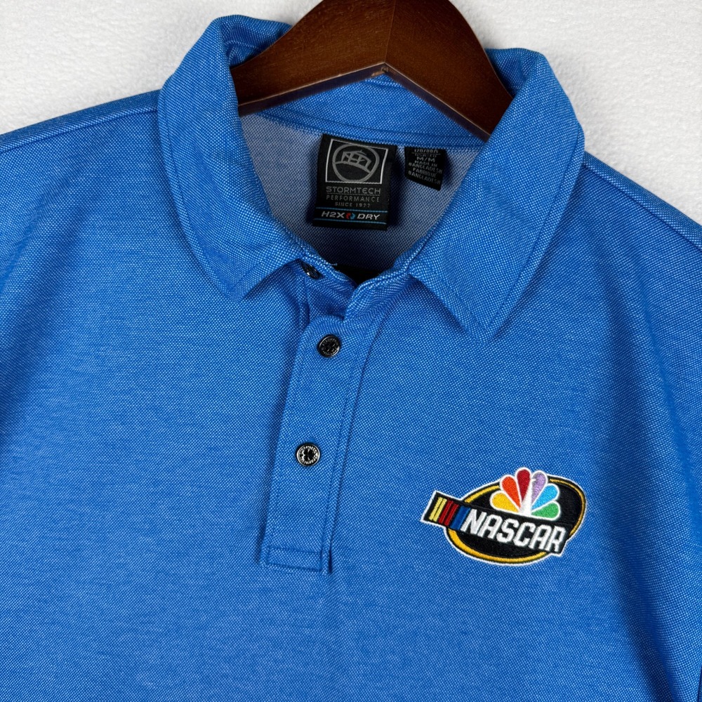NASCAR NBC Stormtech Polo Shirt Mens M Blue Performance H2X Dry Short Sleeve